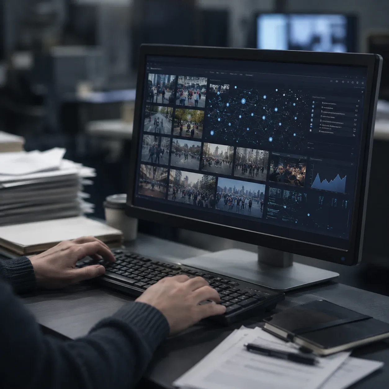 Analyst reviewing face search results on a monitor