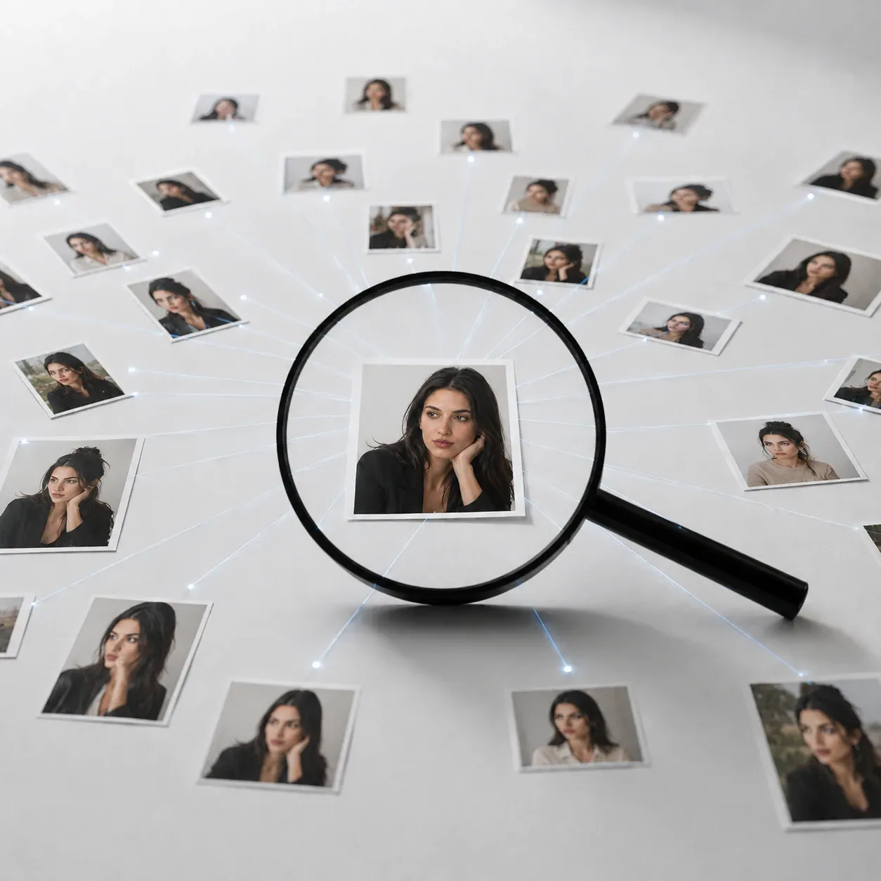 Magnifying glass finding one face among many photos